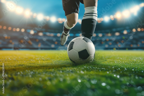On blurred stadium background, one leg of football player hits soccer ball Generative AI