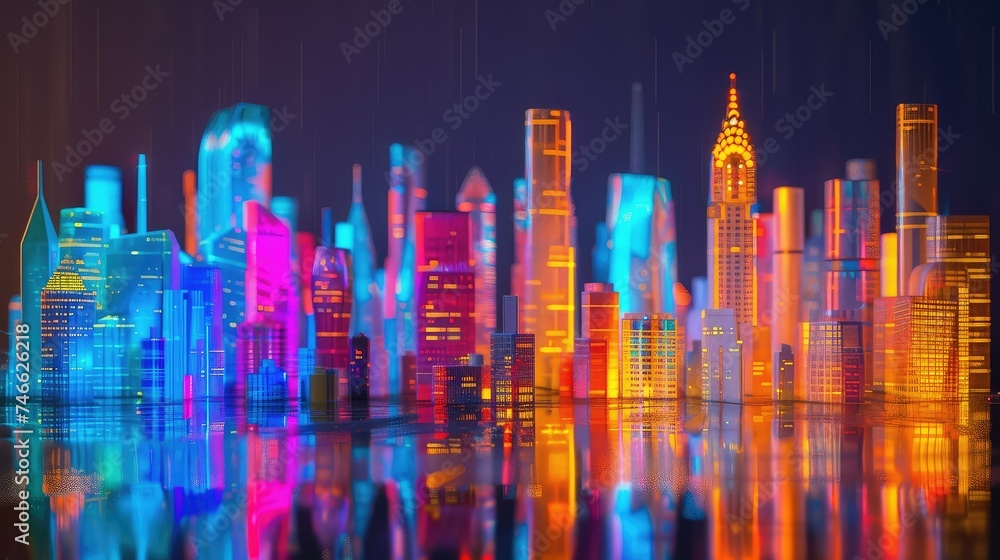 A colorful and vibrant abstract skyline of neon skyscrapers glowing at nigh A colorful and vibrant abstract skyline of neon skyscrapers glowing at nigh