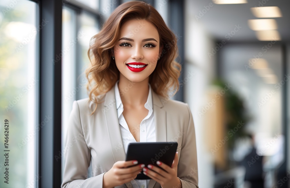 Young happy businesswoman using digital tablet while standing in the office Young happy businesswoman using digital tablet while standing in the office