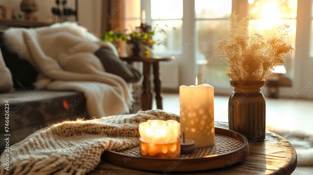 Candles on round wooden tray with knitted blanket and dried flowers. Home comfort and interior design concept for design and print