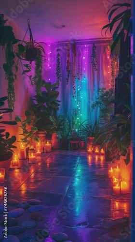 Vibrant indoor garden with candles illuminating plants and fairy lights. Urban jungle and serene oasis concept for design and print