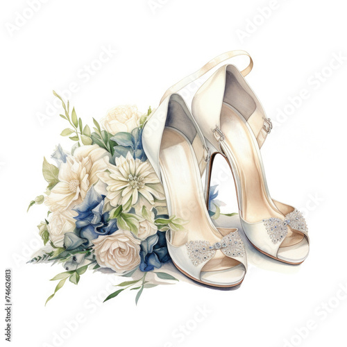Watercolor bridal shoes and roses on whtie background.