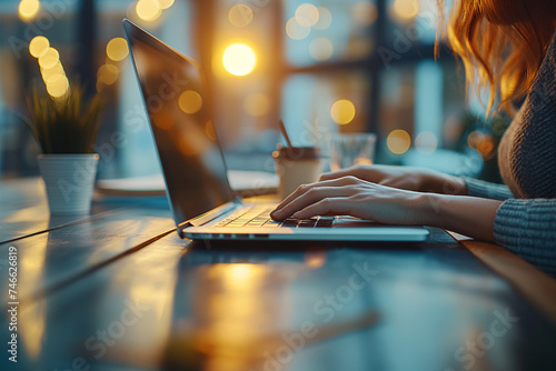 Close-up of female hands typing on a laptop with the evening city lights and sunset in the background.