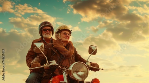 Joyful senior couple riding motorcycle against sky with clouds, freedom and adventure concept