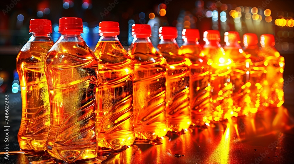 Row of Cooking Oil Bottles Against Shining Background Row of Cooking Oil Bottles Against Shining Background