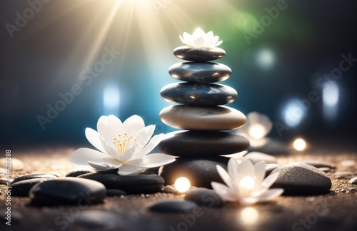 Zen stones stacked with a delicate white flower on top