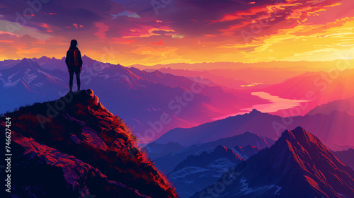 Alone women traveler stands atop a mountain peak, immersed in the breathtaking view of a sunset above the clouds.