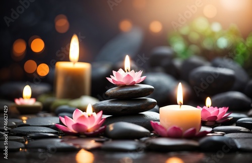 Zen stones with candle and lotus flower