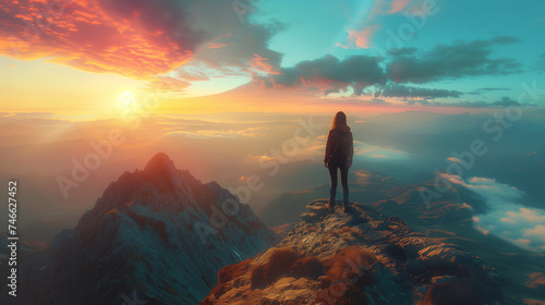 Alone women traveler stands atop a mountain peak, immersed in the breathtaking view of a sunset above the clouds.