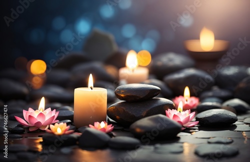 Zen stones with candle and lotus flower