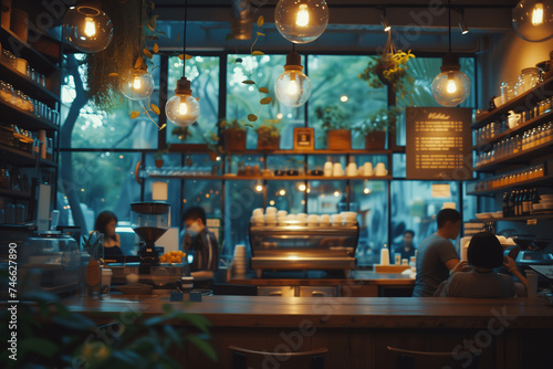 Warmly lit interior of a modern coffee shop at dusk with customers enjoying their time.