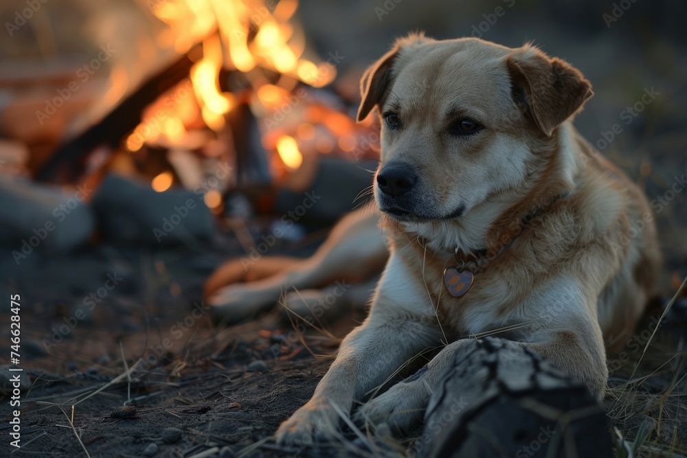 a dog lies beside a crackling campfire near a travel van, creating a cozy scene of relaxation and companionship