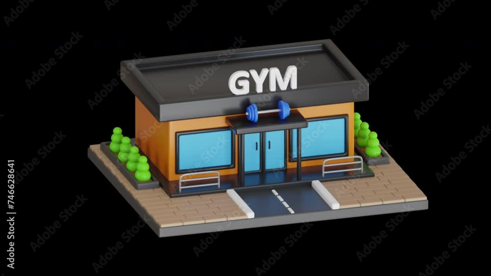 3D Animation of Gym Construction with Blue Barbells Adorning the Rooftop | Alpha Channel 3D Animation of Gym Construction with Blue Barbells Adorning the Rooftop | Alpha Channel
