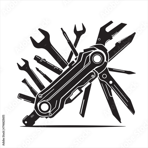 versatile multitool  Isolated on blue background. Vector silhouettes