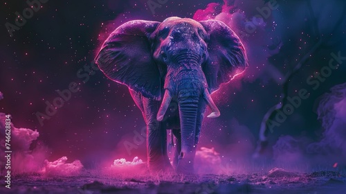 purple luminous elephant flying over the clouds