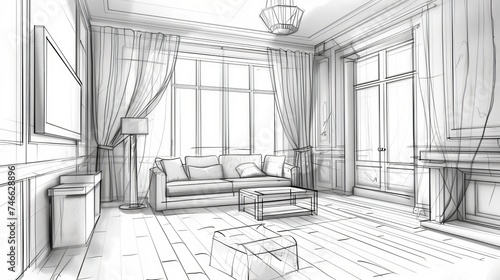 sketch design of living room,3d wire frame render