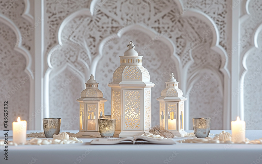 a white ramadan table setting with three lanterns, three candles and a white room background