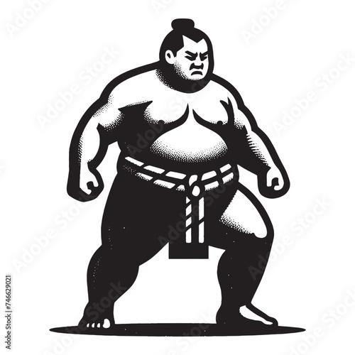 Japanese sumo fighter.  Vintage retro engraving illustration. Black icon, isolated element	