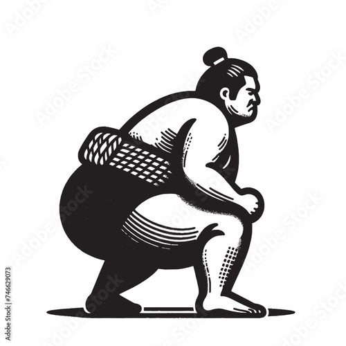 Japanese sumo fighter.  Vintage retro engraving illustration. Black icon, isolated element	