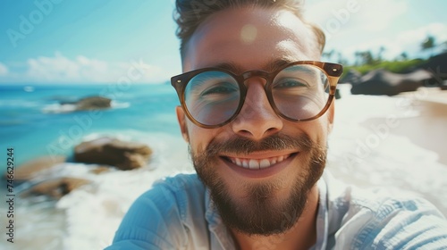 close-up shot of a good-looking male tourist. Enjoy free time outdoors near the sea on the beach. Looking at the camera while relaxing on a clear day Poses for travel selfies smiling happy tropical #746629244