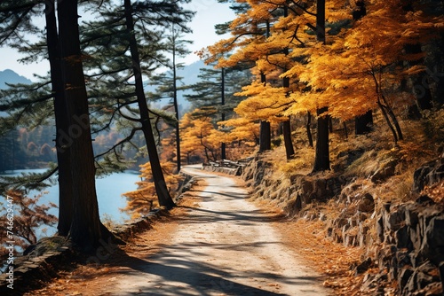 a forest road leading to a mountain  in the style of light indigo and amber  light sky-blue and dark amber  dark orange and light gold