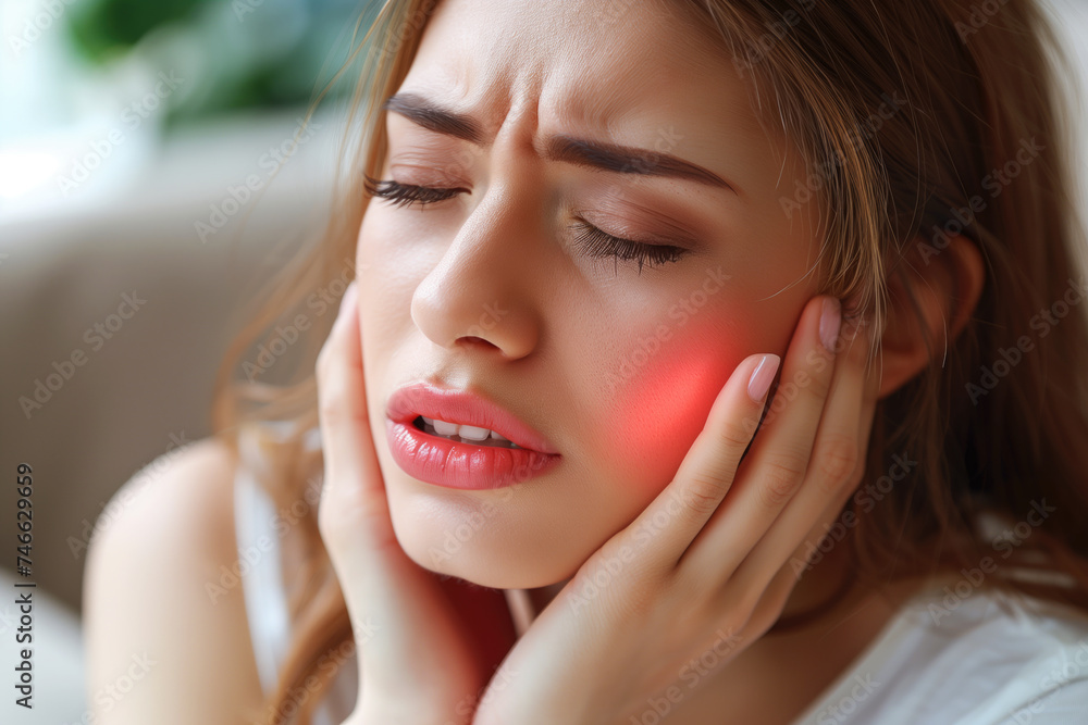 Young woman with toothache, periodontal disease in wisdom teeth, gum inflammation, headache and migraine, dental pain, health problems concept Young woman with toothache, periodontal disease in wisdom teeth, gum inflammation, headache and migraine, dental pain, health problems concept