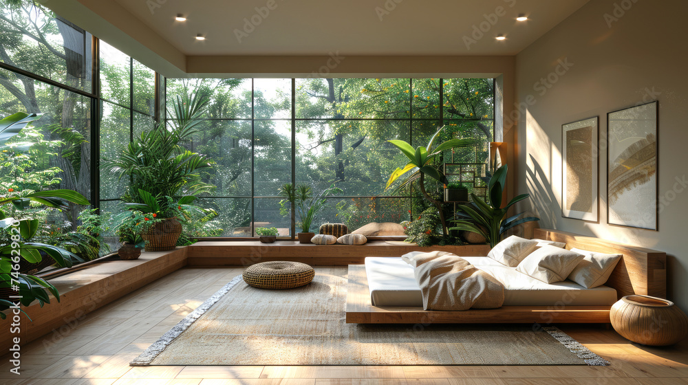 Eco-friendly bedroom interior in a house or hotel overlooking the rainforest, creating a relaxing atmosphere of rest and self-care
