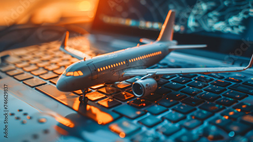 airplane model on laptop keyboard, online  ticket booking flight schedule