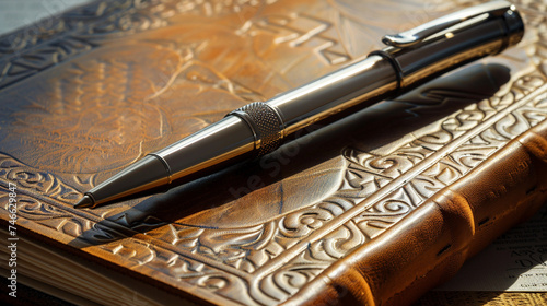 Elegant Pen on Leather-bound Financial Ledger