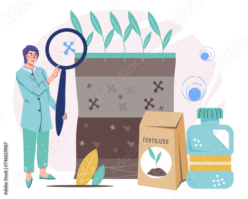 Soil science in agriculture, ecology and quality control and laboratory testing for fertilizers. research of methods to improve soil quality and maximize crop yield, flat vector isolated on white.