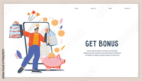 Customer bonus program, rewards system for customer loyalty concept for website header template. Design of webpage for customer bonus and loyalty program, vector illustration. photo