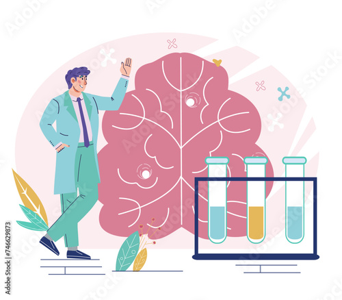 Medical research and analysis in neuroscience and brain science. Computed tomography and neurobiology banner concept, flat vector illustration isolated on white.
