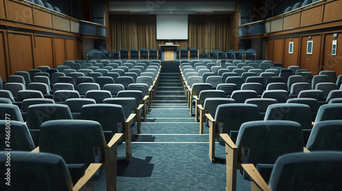 Empty Auditorium with Rows of Seats and a Podium, Ready for a Lecture