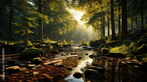 a forest with sunlight emanating from the branches  in the style of light green and light brown  exacting precision  environmental awareness  naturecore  sunrays shine upon it  wood  lush scenery