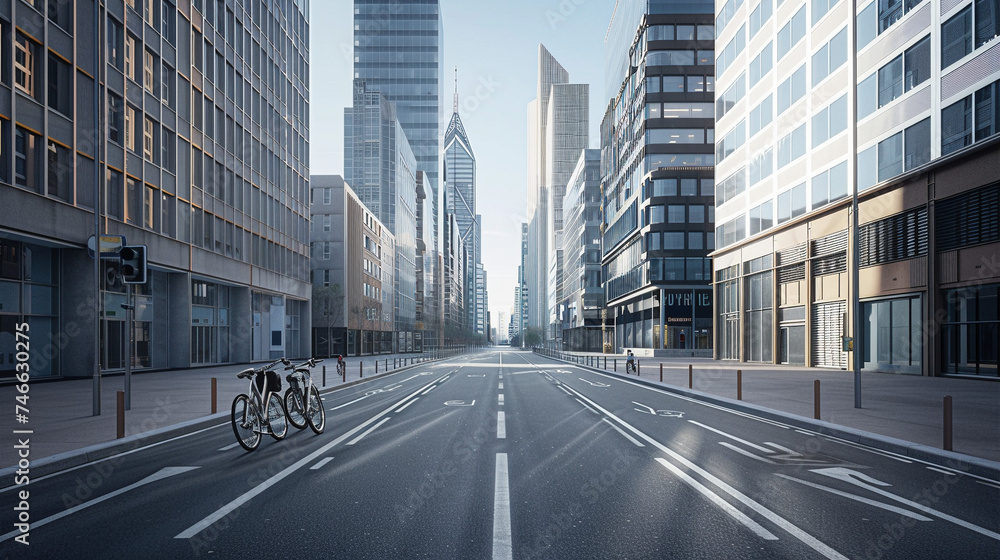 Empty City Street with Bicycle Lanes