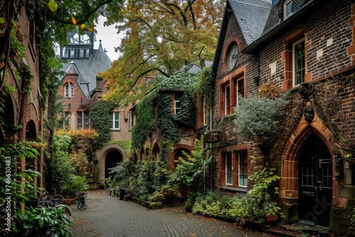 Cologne, Germany: Charming Postcard View of Bell Towers and Brick Houses Framed by Lush Park