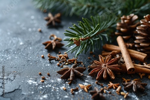 Christmas Spice Delight: A Festive Selection of Aromatic Ingredients Set Against a Dark Background