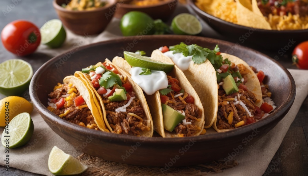 Mexican dishes on the table. Tacos, Burritos, quesadillas, chili, fajitas, tortillas.