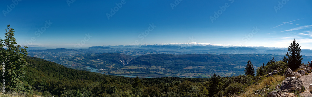 Panorama from Grand Colombier summit (France) on a clear summer day, looking northeast, towards Alps and Switzerland