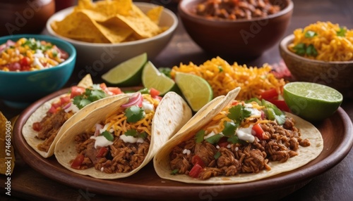 Mexican dishes on the table. Tacos, Burritos, quesadillas, chili, fajitas, tortillas.