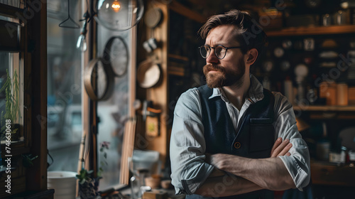 Portrait of handsome bearded hipster man in eyeglasses standing in cafe photo
