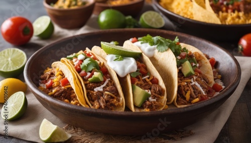 Mexican dishes on the table. Tacos, Burritos, quesadillas, chili, fajitas, tortillas.