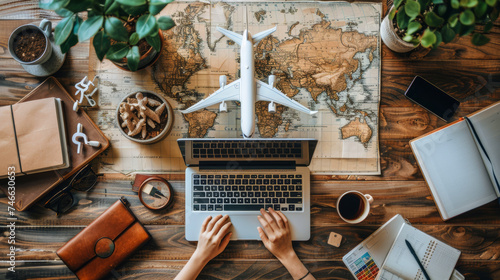 airplane model on laptop keyboard, online ticket booking flight schedule
