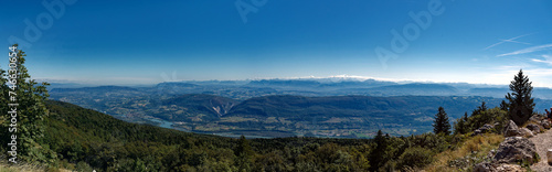 Panorama from Grand Colombier summit (France) on a clear summer day, looking northeast, towards Alps and Switzerland