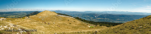 Panorama from Grand Colombier summit (France) on a clear summer day, looking northward towards peak and cow pasture photo