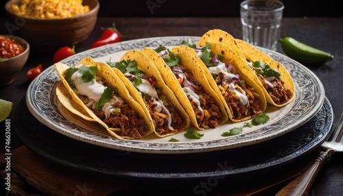 Mexican dishes on the table. Tacos, Burritos, quesadillas, chili, fajitas, tortillas.