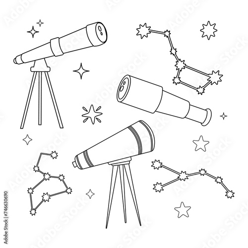 Set of outline telescopes in flat style with stars