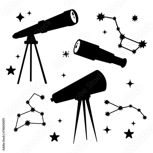  Set of silhouette telescopes in flat style with stars