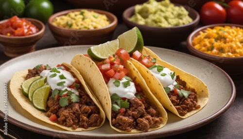 Mexican dishes on the table. Tacos, Burritos, quesadillas, chili, fajitas, tortillas.