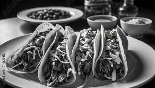 Mexican dishes on the table. Tacos, Burritos, quesadillas, chili, fajitas, tortillas.